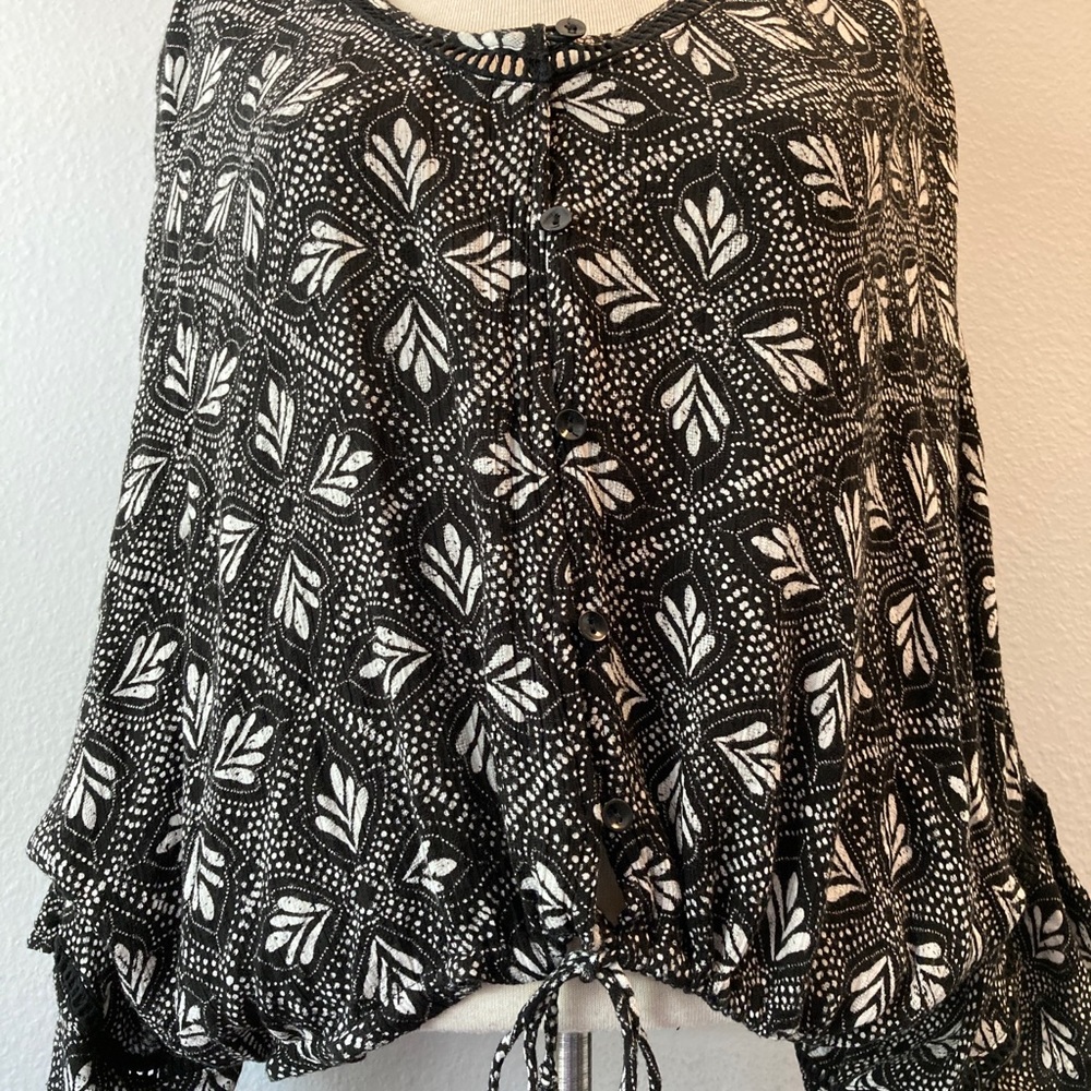 Rip Curl Black Print Boho Drawstring Waist Blouse… - image 3